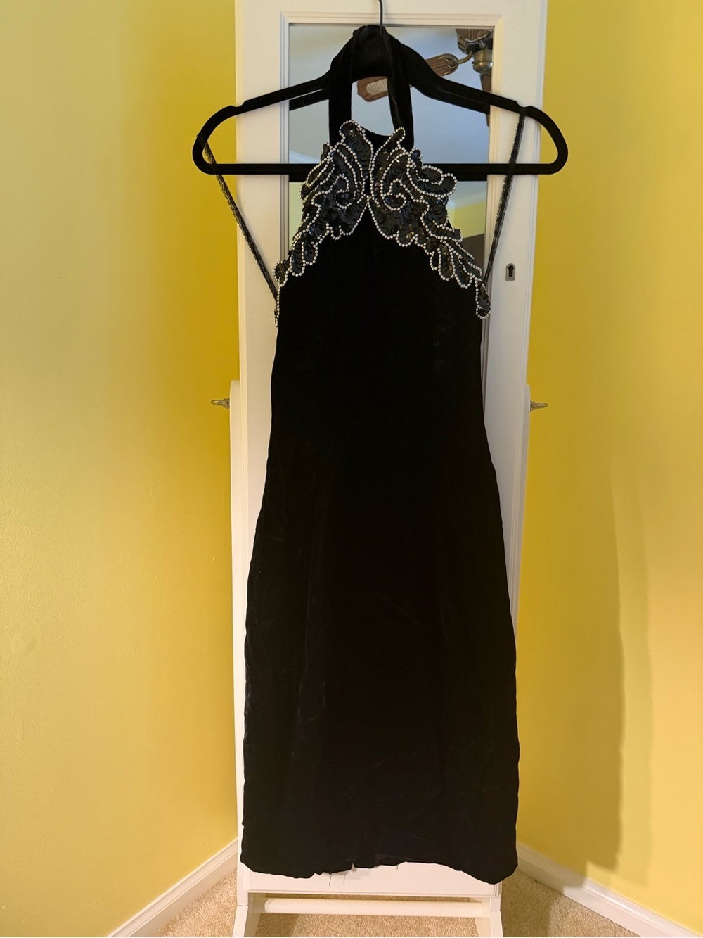 Betsy & Adam Black Halter Evening Gown with Beaded Accents